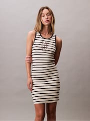 Calvin Klein Cream Cotton Rib Stripe Dress - Image 1 of 5