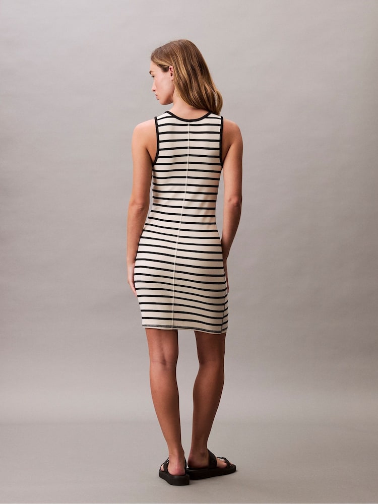 Calvin Klein Cream Cotton Rib Stripe Dress - Image 2 of 5