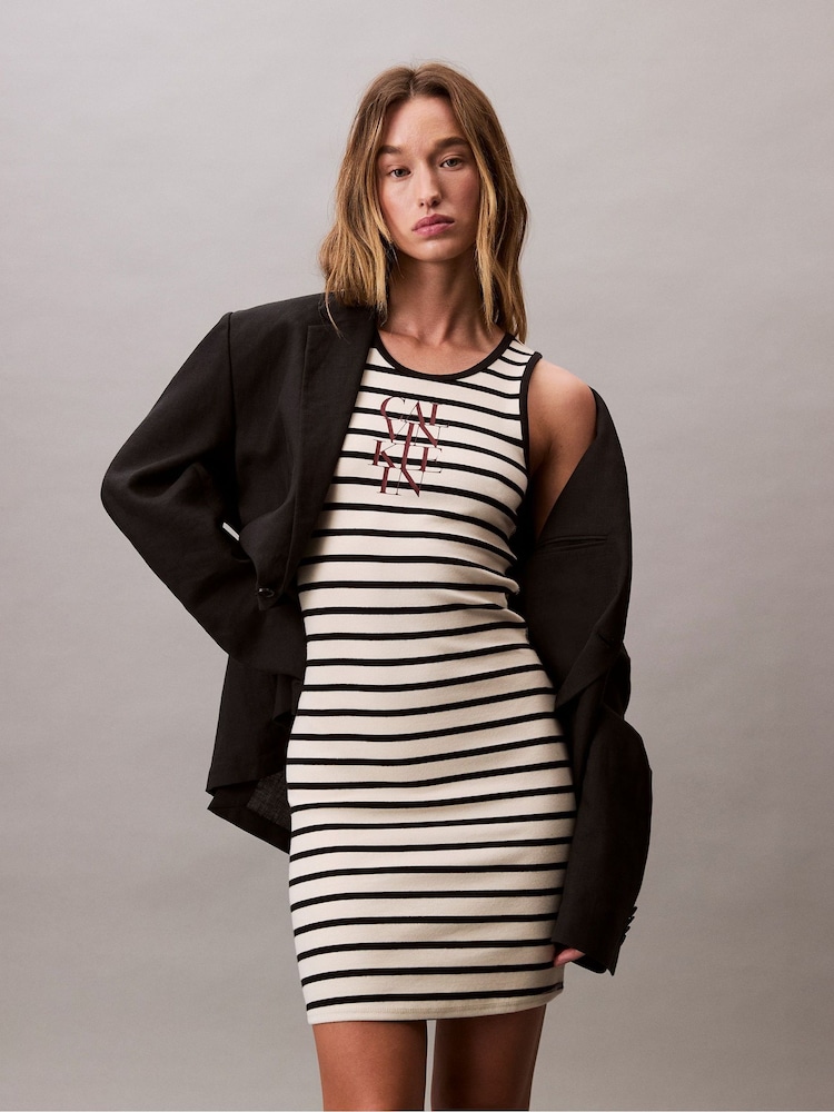 calvin klein black white striped dress Buy Calvin Klein Cream Cotton Rib Stripe Dress from Next USA