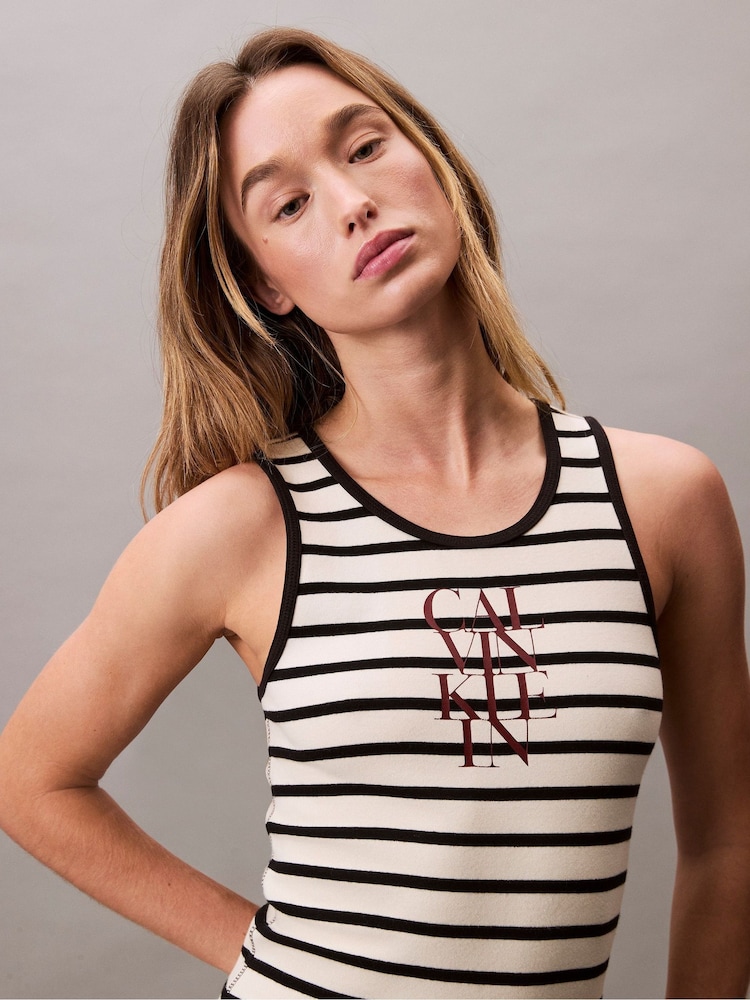 Calvin Klein Cream Cotton Rib Stripe Dress - Image 5 of 5