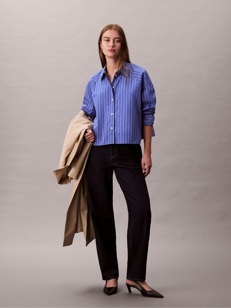 Calvin Klein Blue Boxy Cropped Stripe Shirt - Image 1 of 5