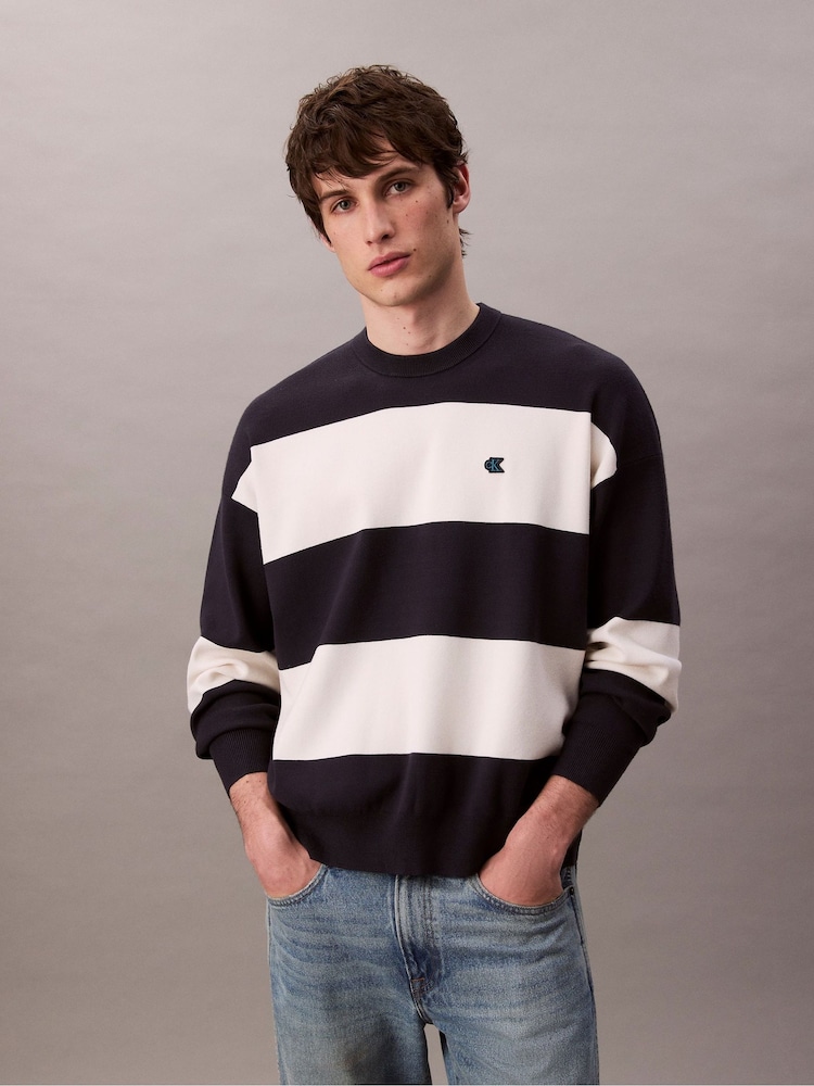 Calvin Klein Blue Relaxed Long Sleeve Striped Jumper - Image 1 of 5