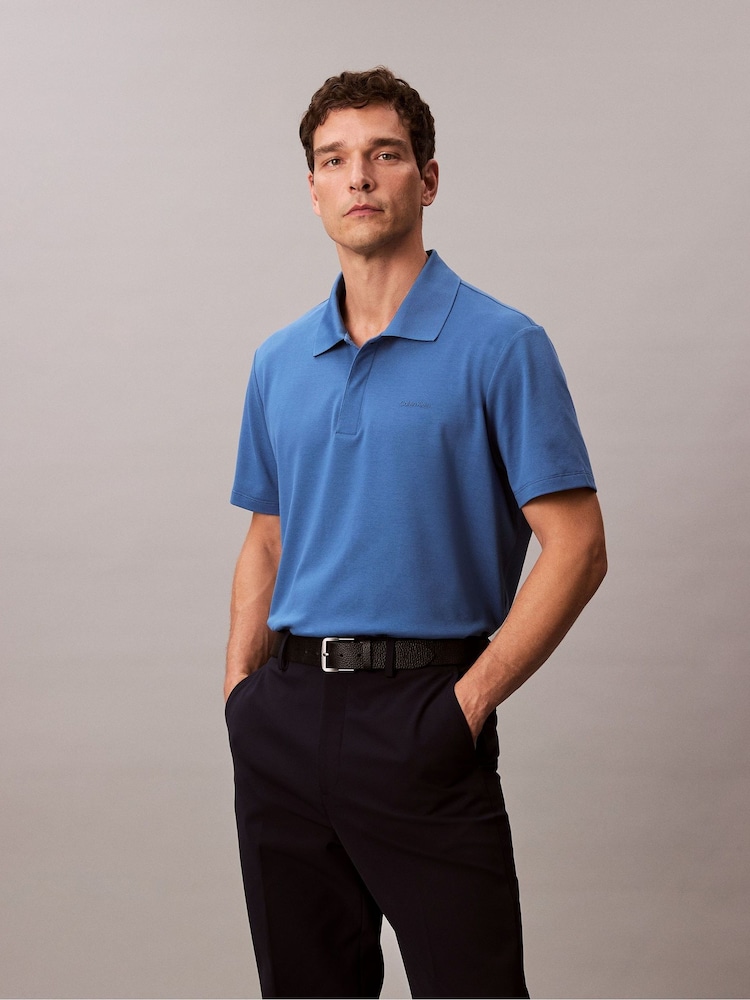 Calvin Klein Blue Pique Snap Button Polo Shirt - Image 1 of 5