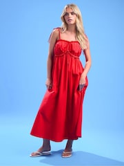 PixieGirl Petite Red Frilly Tie Strap Poplin Dress - Image 1 of 5