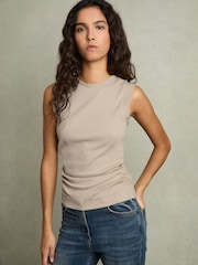 Reiss Camel Trudy Ribbed Ruched Waist Vest - Image 1 of 6