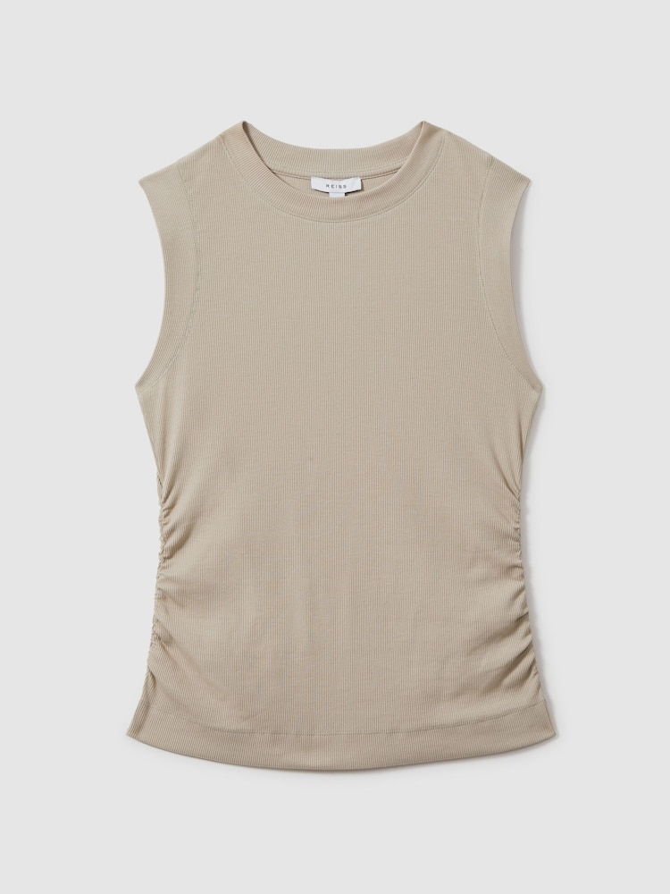 Reiss Camel Trudy Ribbed Ruched Waist Vest - Image 2 of 6