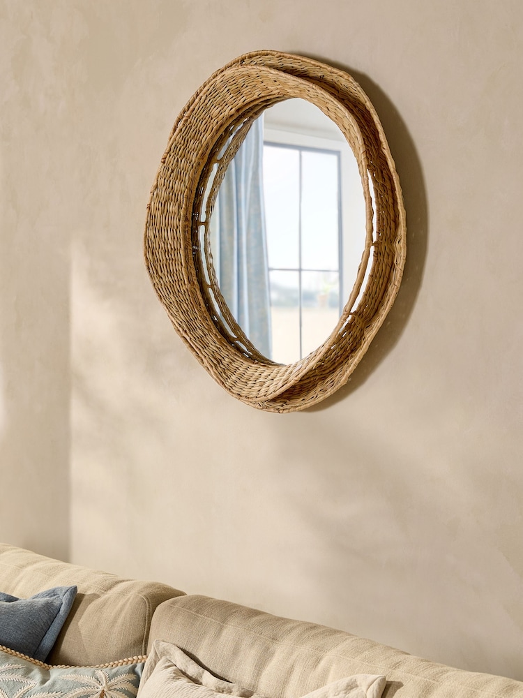 Neutral Wavy Woven Round Wall Mirror - Image 1 of 4