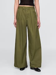Gap Olive Green Cotton High Waisted Pleated Wide-Leg Chino Trousers - Image 1 of 5