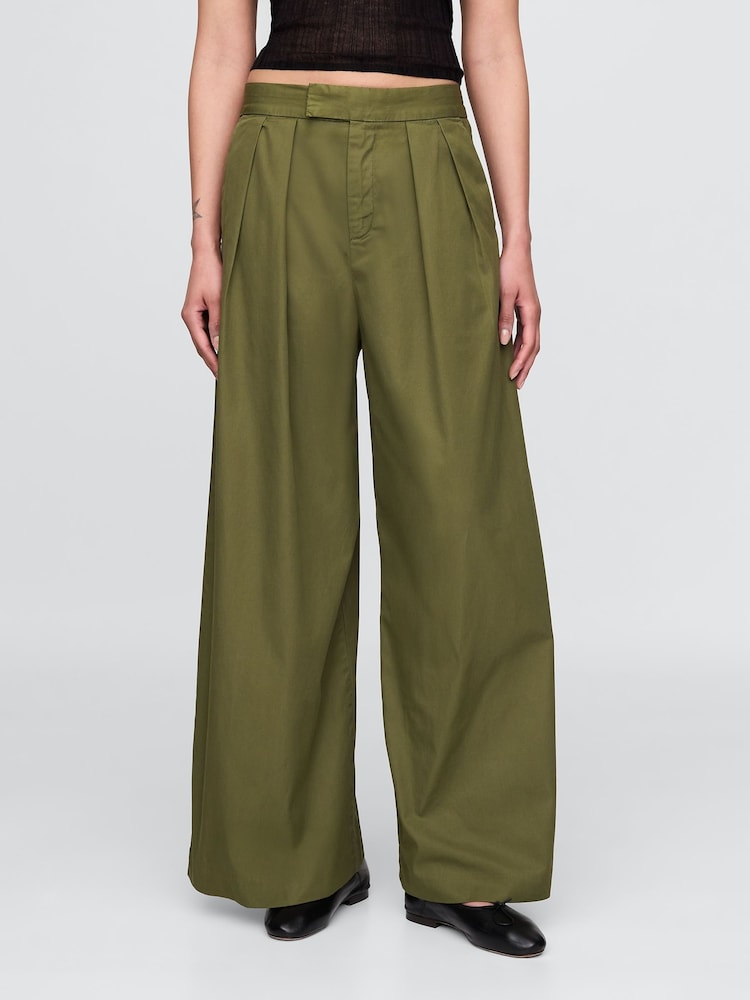 Gap Olive Green Cotton High Waisted Pleated Wide-Leg Chino Trousers - Image 1 of 5