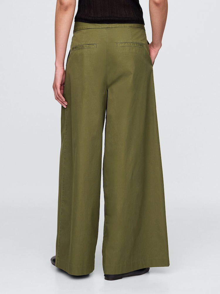 Gap Olive Green Cotton High Waisted Pleated Wide-Leg Chino Trousers - Image 2 of 5
