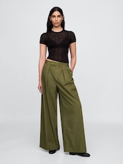 Gap Olive Green Cotton High Waisted Pleated Wide-Leg Chino Trousers - Image 4 of 5