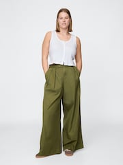 Gap Olive Green Cotton High Waisted Pleated Wide-Leg Chino Trousers - Image 5 of 5