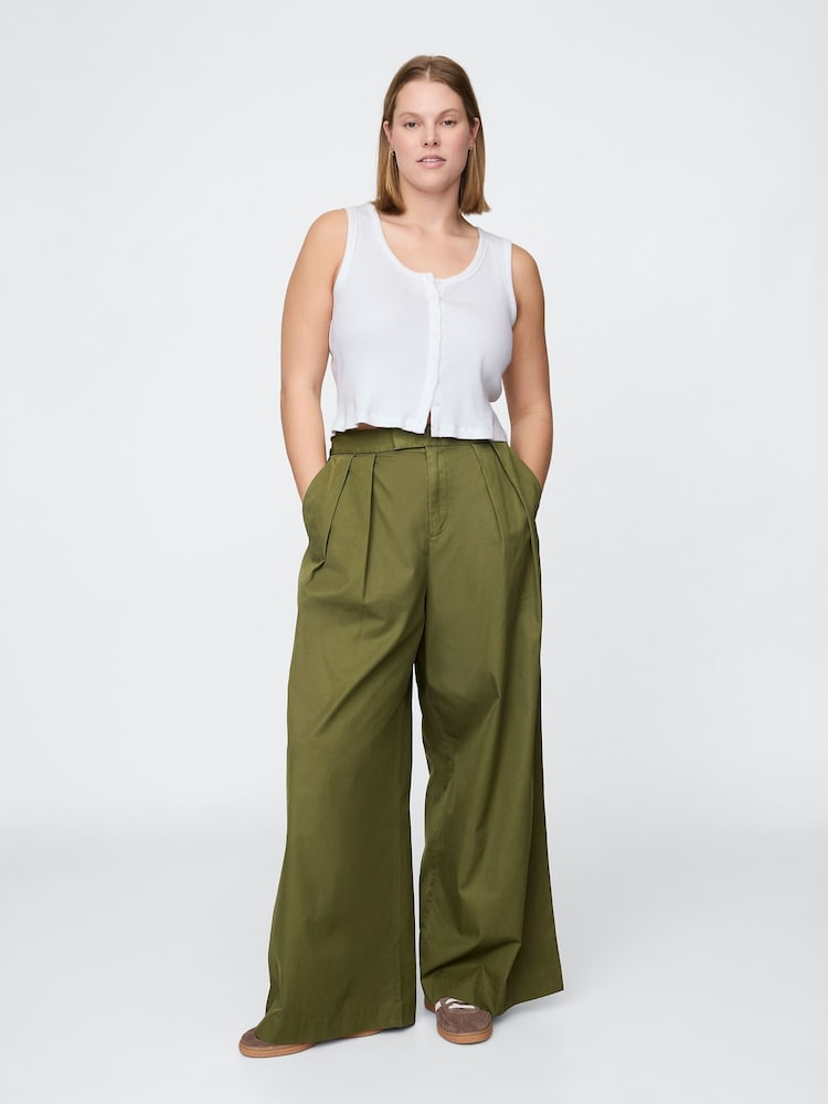 Gap Olive Green Cotton High Waisted Pleated Wide-Leg Chino Trousers - Image 5 of 5