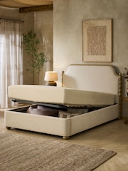 Tweedy Plain Light Natural Barley Wooden Bobbin Ottoman Storage Upholstered Bed Frame - Image 2 of 11