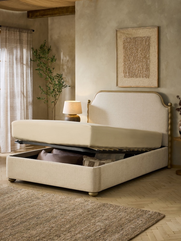 Tweedy Plain Light Natural Barley Wooden Bobbin Ottoman Storage Upholstered Bed Frame - Image 2 of 11 Tweedy Plain Light Natural Barley Wooden Bobbin Ottoman Storage Upholstered Bed Frame - Image 2 of 11