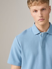 Mid Blue Short Sleeve Textured Waffle Long Sleeve Polo Shirt - Image 1 of 7