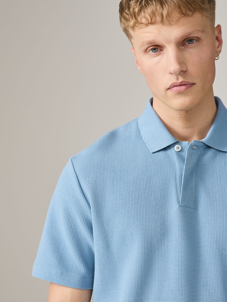 Mid Blue Short Sleeve Textured Waffle Long Sleeve Polo Shirt - Image 1 of 7