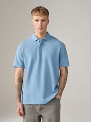 Mid Blue Short Sleeve Textured Waffle Long Sleeve Polo Shirt - Image 2 of 7