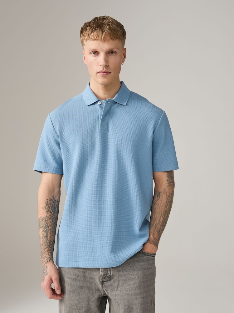 Mid Blue Short Sleeve Textured Waffle Long Sleeve Polo Shirt - Image 2 of 7