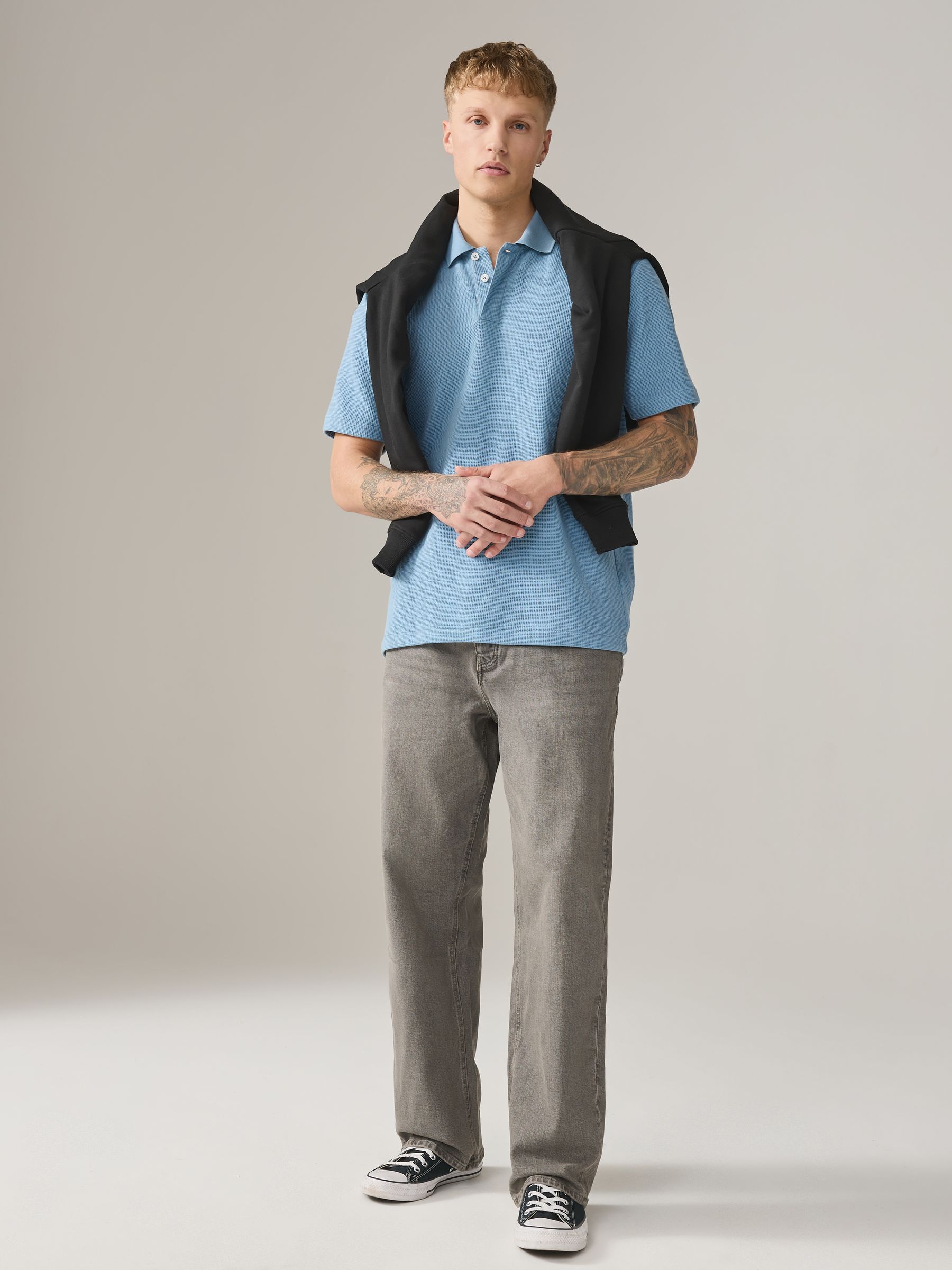 Buy Mid Blue Short Sleeve Textured Waffle Polo Shirt from Next
