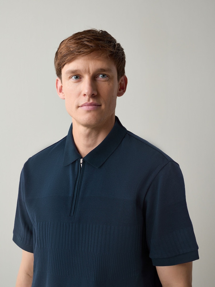 Navy Blue Block Texture Zip Neck Polo Shirt - Image 1 of 4