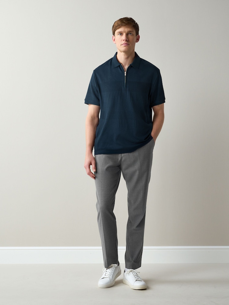 Navy Blue Block Texture Zip Neck Polo Shirt - Image 2 of 4