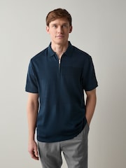 Navy Blue Block Texture Zip Neck Polo Shirt - Image 3 of 4