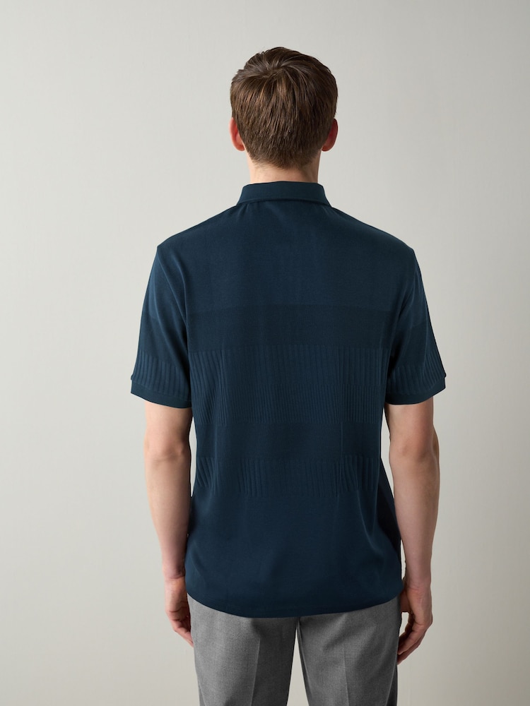 Navy Blue Block Texture Zip Neck Polo Shirt - Image 4 of 4