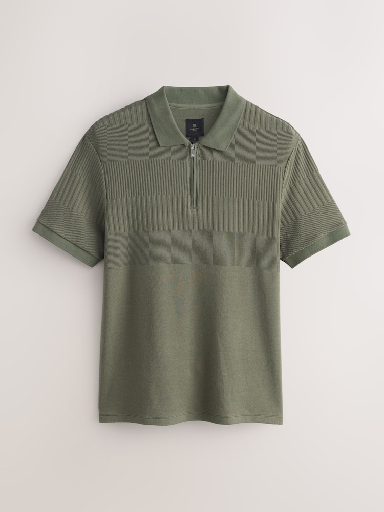 Green Block Texture Zip Neck Polo Shirt - Image 1 of 3
