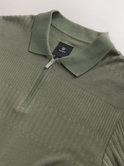 Green Block Texture Zip Neck Polo Shirt - Image 2 of 3