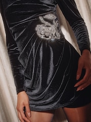 Lipsy Black Velvet Embellished Trim Wrap Long Sleeve Mini Dress - Image 2 of 5