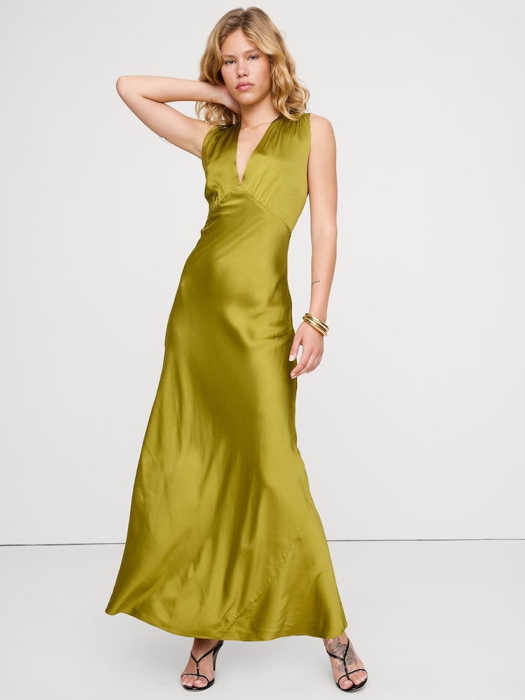 Banana Republic Green Stretch-Satin Cross-Back Maxi Dress - Image 1 of 1 Banana Republic Green Stretch-Satin Cross-Back Maxi Dress - Image 1 of 1