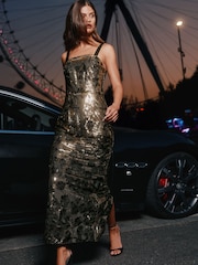 Lipsy Bronze Petite Premium Floral Embriodered Sequin Maxi Bodycon Dress - Image 3 of 5