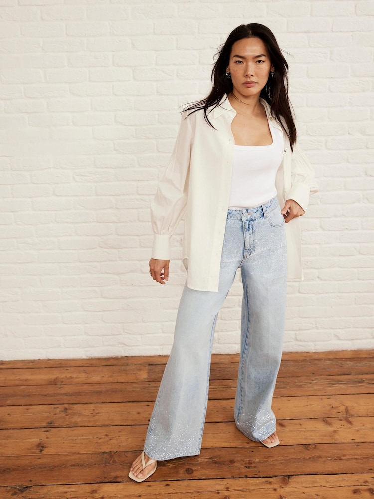 Mint Velvet Blue Diamante Wide Leg 100% Cotton Jeans - Image 2 of 8