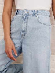 Mint Velvet Blue Diamante Wide Leg 100% Cotton Jeans - Image 4 of 8