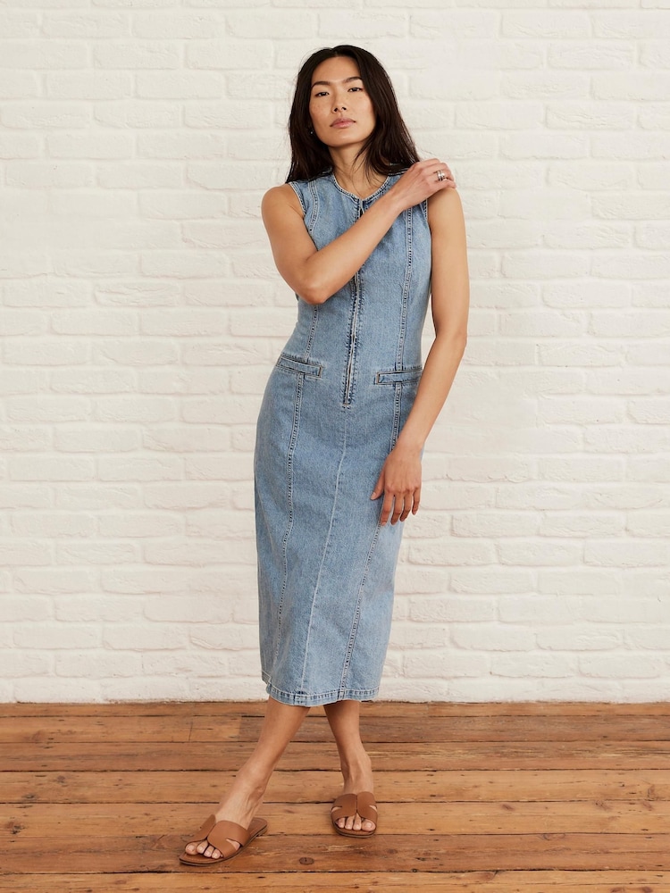 Mint Velvet Blue Denim Sleeveless 100% Cotton Midi Dress - Image 2 of 8