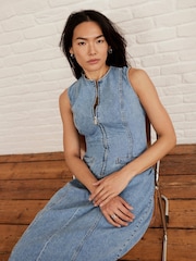 Mint Velvet Blue Denim Sleeveless 100% Cotton Midi Dress - Image 3 of 8
