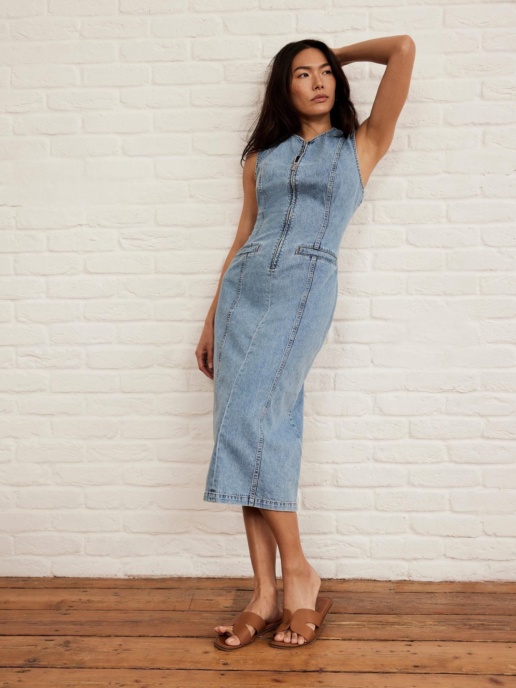 Buy Mint Velvet Blue Denim Sleeveless 100% Cotton Midi Dress from