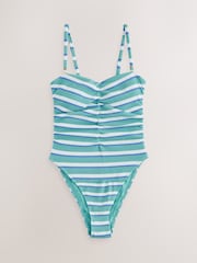 Aqua Blue/White Crinkle Stripe Shaping Tummy Control Bandeau Swimsuit - Image 1 of 3