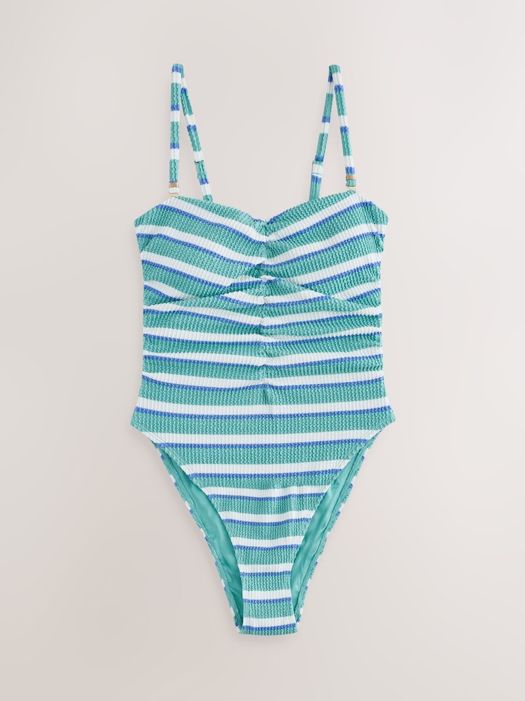 Aqua Blue/White Crinkle Stripe Shaping Tummy Control Bandeau Swimsuit - Image 1 of 3 Aqua Blue/White Crinkle Stripe Shaping Tummy Control Bandeau Swimsuit - Image 1 of 3