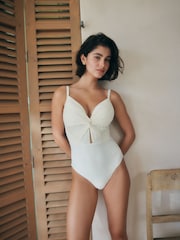 Cream Padded Draped Tummy Control Swimsuit - Image 1 of 10