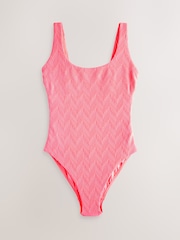 Neon Coral Pink Textured Scoop Neck Tummy Control Swimsuit - Image 7 of 10