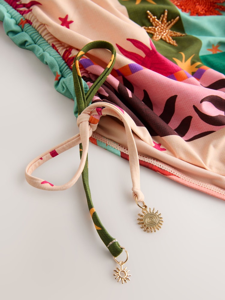 Pink/Green Embellished Beaded Star Print Bandeau Ruched Leg Tummy Control Shaping Swimsuit - Image 4 of 4 Pink/Green Embellished Beaded Star Print Bandeau Ruched Leg Tummy Control Shaping Swimsuit - Image 4 of 4