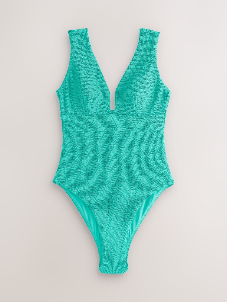 Aqua Green Crinkle Textured Plunge Shaping Tummy Control Swimsuit - Image 1 of 4 Aqua Green Crinkle Textured Plunge Shaping Tummy Control Swimsuit - Image 1 of 4