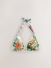 Cream/Navy Parrot Print Embellished Triangle Bikini Top - Image 1 of 4