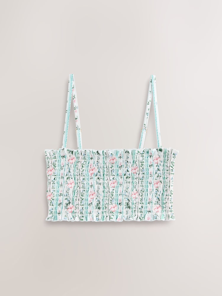 Blue/Ecru Floral Embroidered Shirred Bandeau Bikini Top - Image 1 of 4 Blue/Ecru Floral Embroidered Shirred Bandeau Bikini Top - Image 1 of 4