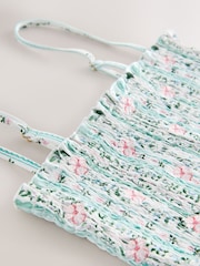 Blue/Ecru Floral Embroidered Shirred Bandeau Bikini Top - Image 2 of 4