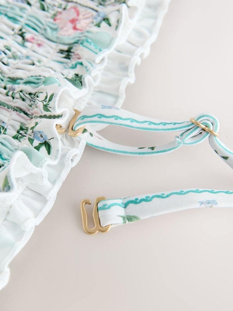 Blue/Ecru Floral Embroidered Shirred Bandeau Bikini Top - Image 4 of 4 Blue/Ecru Floral Embroidered Shirred Bandeau Bikini Top - Image 4 of 4