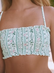 Blue/Ecru Floral Shirred Bandeau Bikini Top - Image 6 of 10