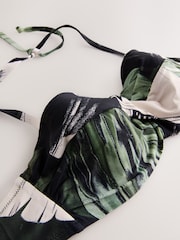 Green/Black Leaf Twist Padded Wired Bandeau Bikini Top - Image 2 of 5